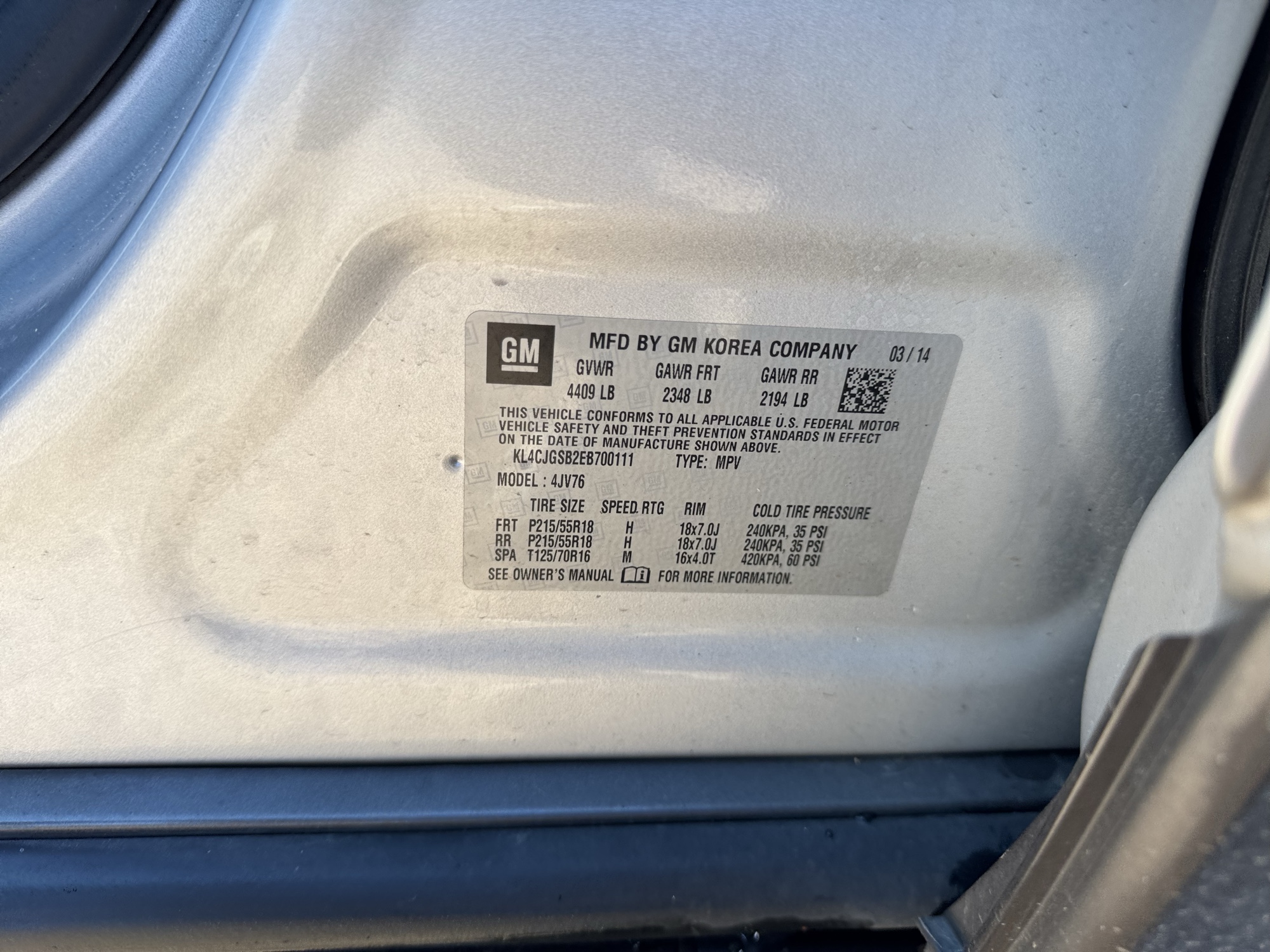 2014 buick encore leather-awd with 103938 miles for sale near Elk River, Minnesota 106933_47_door_vin_sticker.jpg