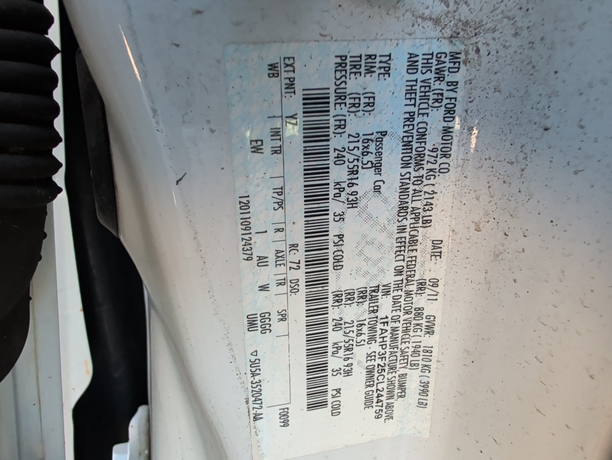 2012 ford focus se-sedan with 261316 miles for sale near Elk River, Minnesota 106936_47_door_vin_sticker.jpg