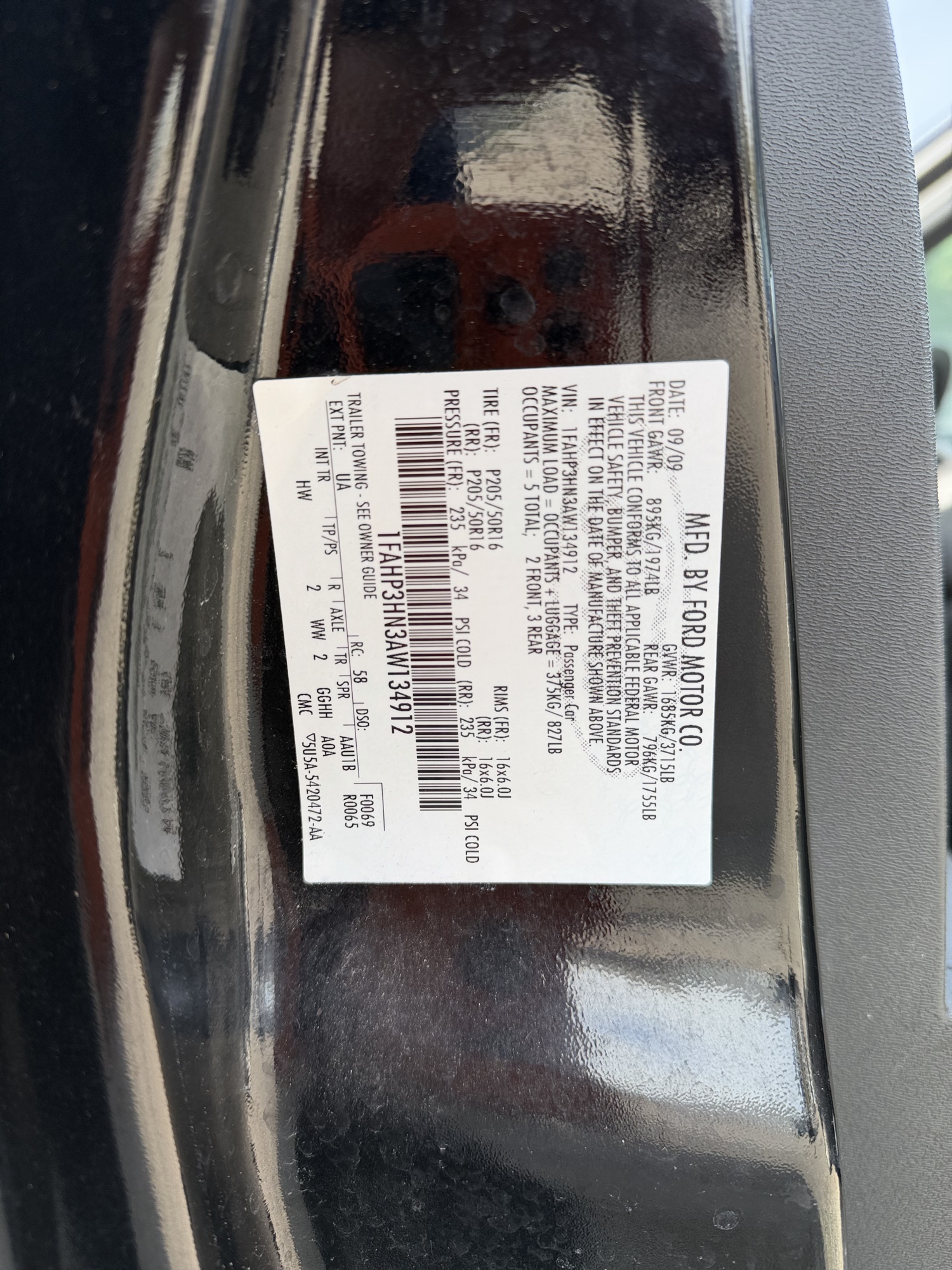 2010 ford focus sel-sedan with 180168 miles for sale near Elk River, Minnesota 106939_47_door_vin_sticker.jpg