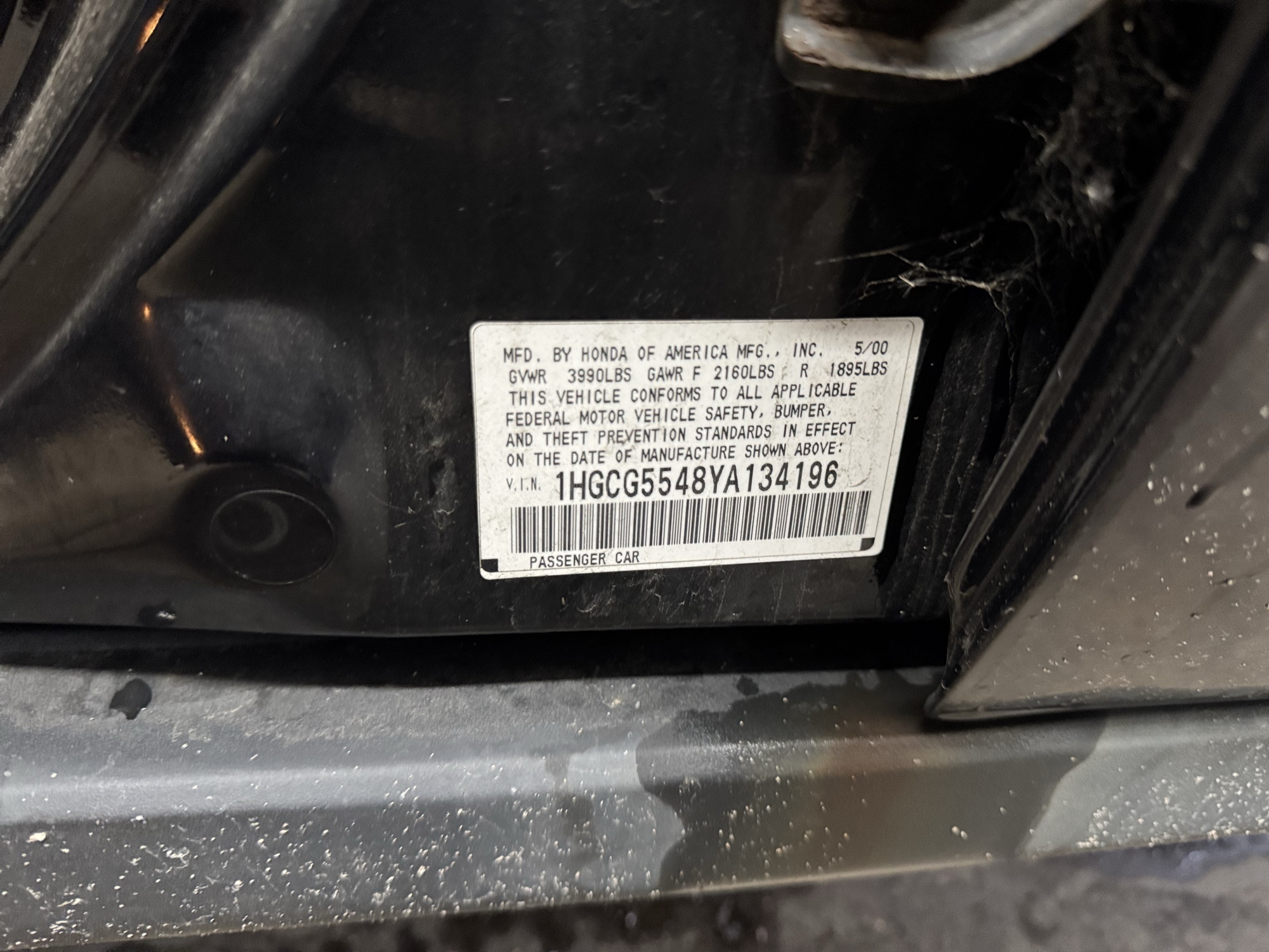 2000 honda accord lx-sedan with 366084 miles for sale near Elk River, Minnesota 106940_47_door_vin_sticker.jpg