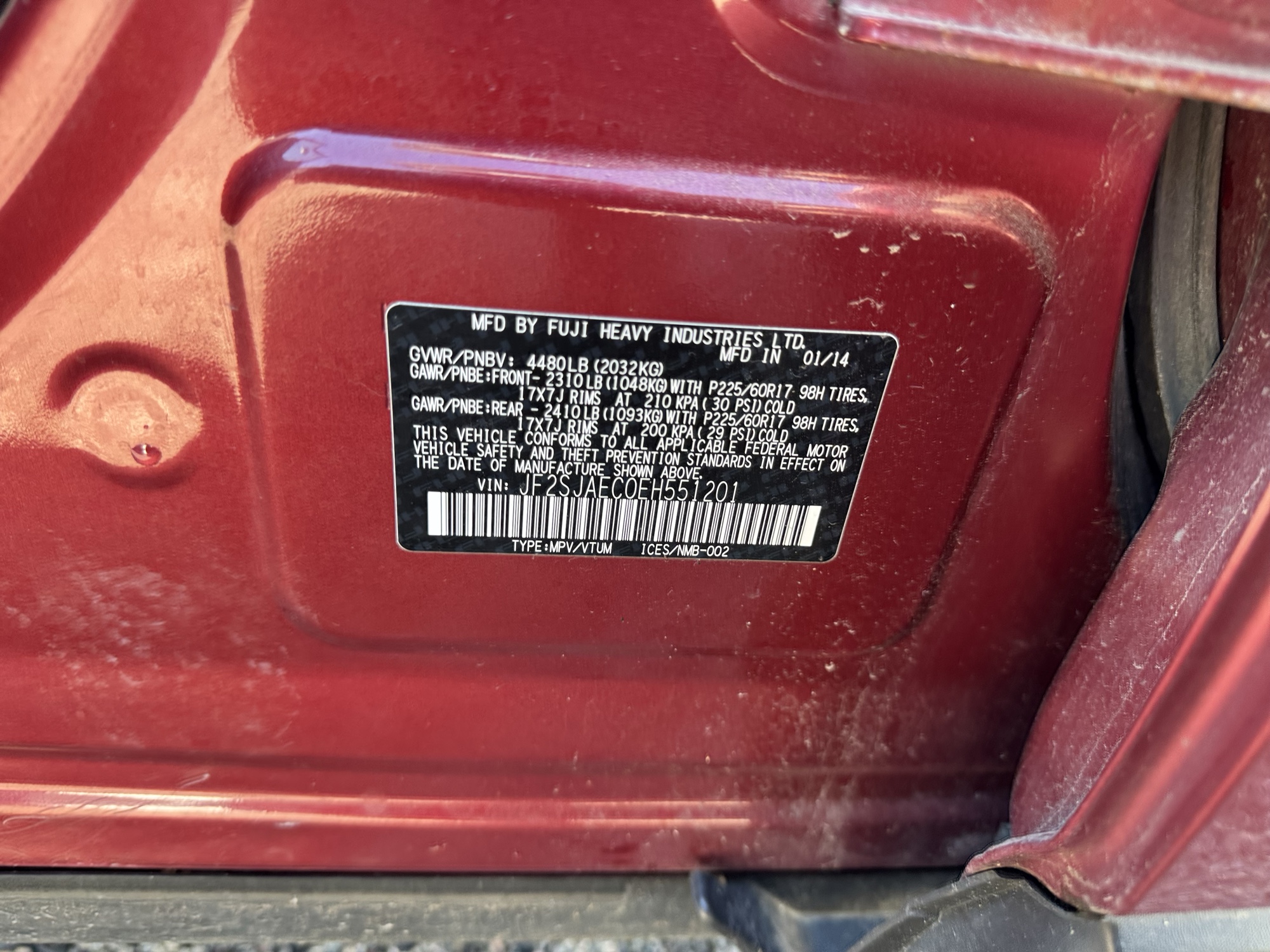 2014 subaru forester 2.5i-premium with 225305 miles for sale near Elk River, Minnesota 106942_47_door_vin_sticker.jpg