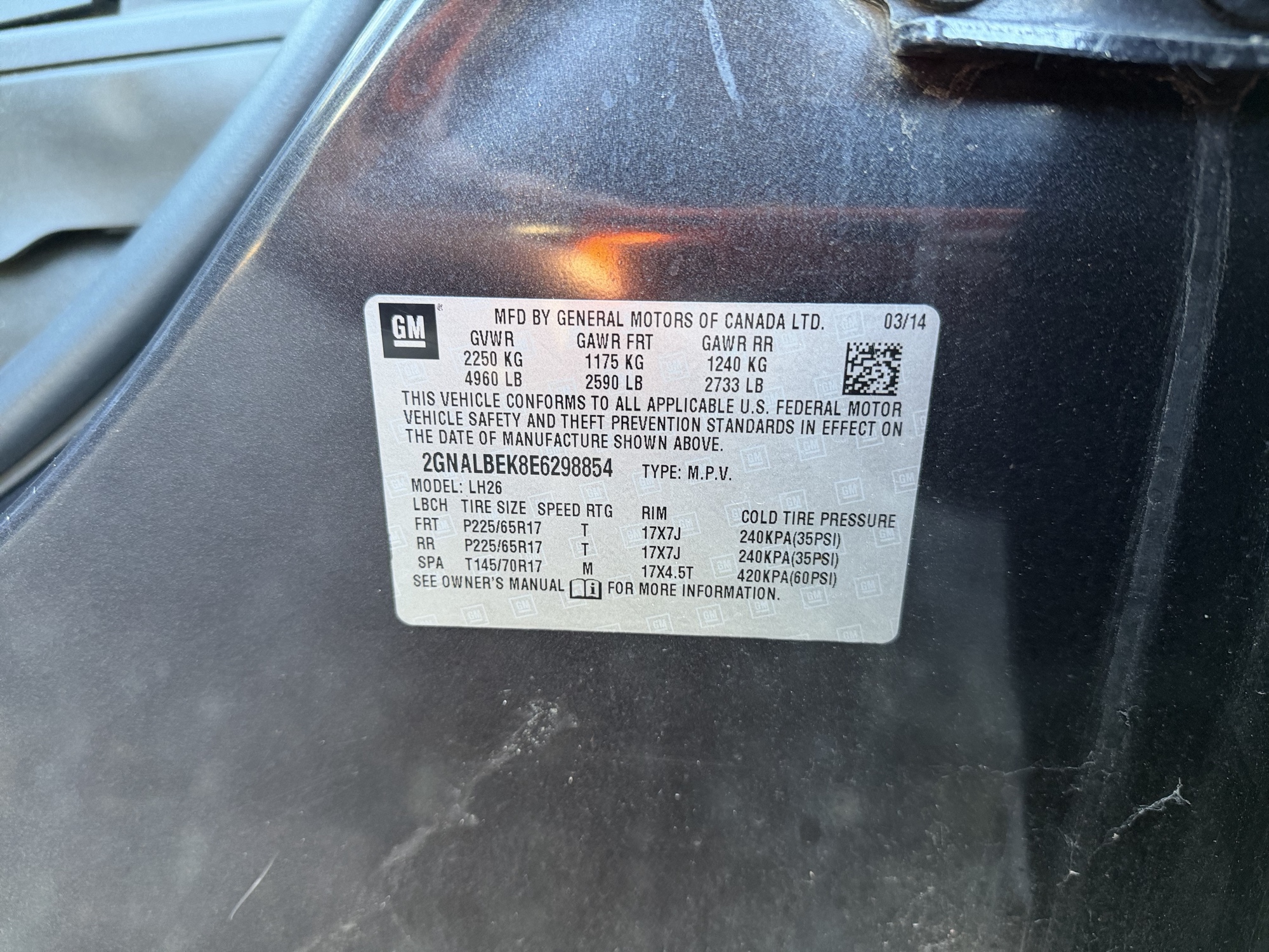 2013 chevrolet equinox 1lt-2wd with 175860 miles for sale near Elk River, Minnesota 106943_47_door_vin_sticker.jpg
