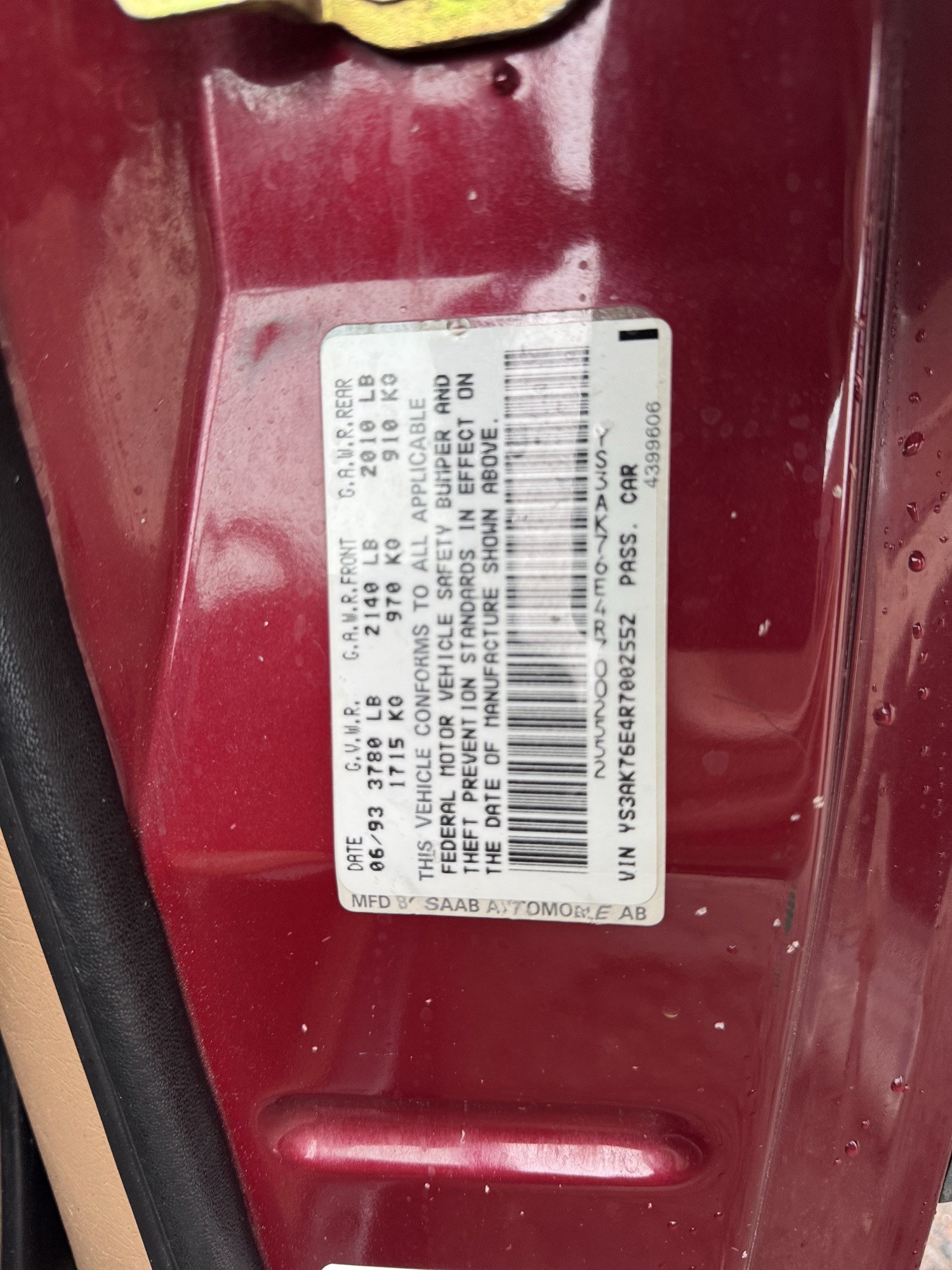 1994 saab 900 s-convertible with 99758 miles for sale near Elk River, Minnesota 106944_47_door_vin_sticker.jpg