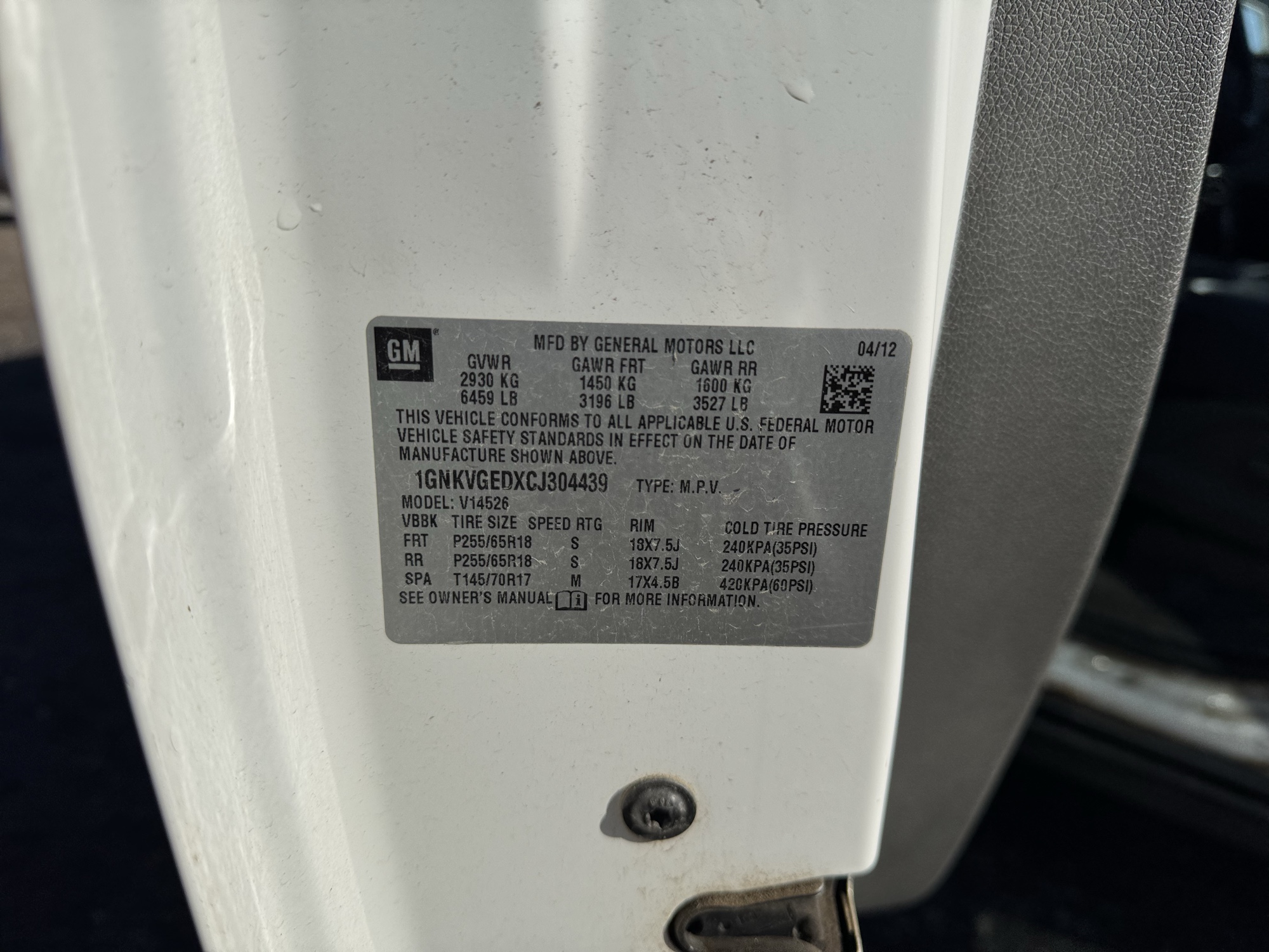 2012 chevrolet traverse lt-awd with 215098 miles for sale near Elk River, Minnesota 106946_47_door_vin_sticker.jpg