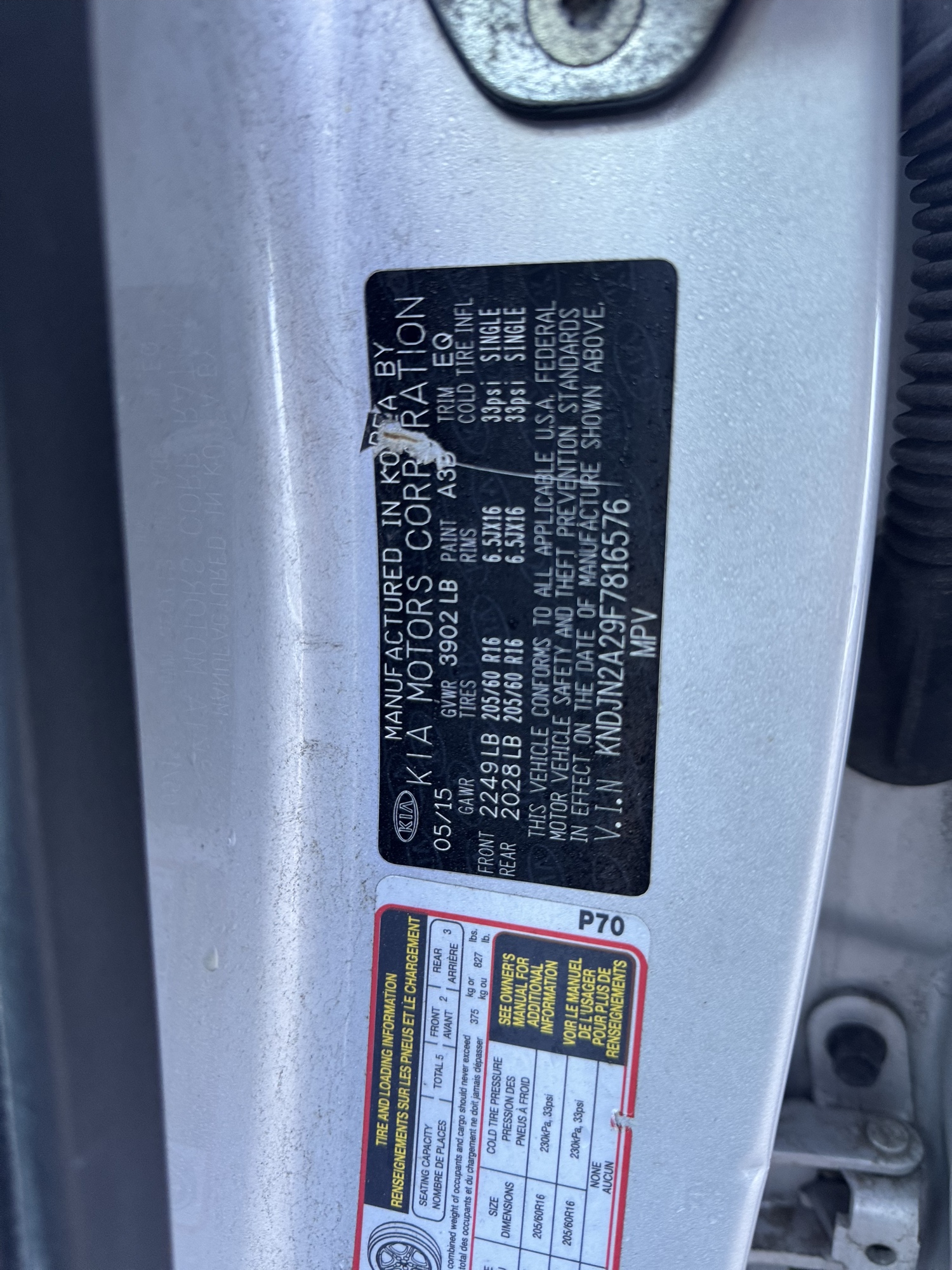 2015 kia soul base with 188168 miles for sale near Elk River, Minnesota 106948_47_door_vin_sticker.jpg
