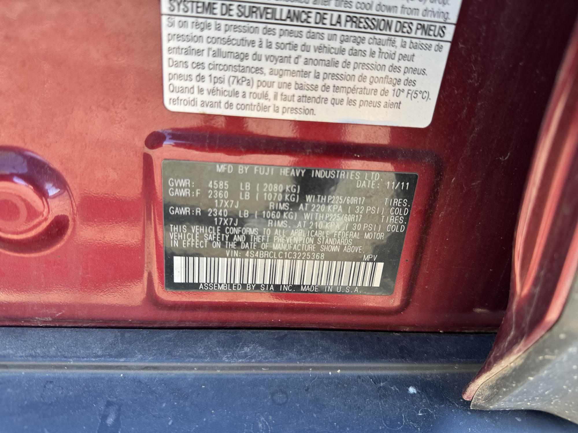 2012 subaru outback 2.5i-limited with 149640 miles for sale near Elk River, Minnesota 106950_47_door_vin_sticker.jpg