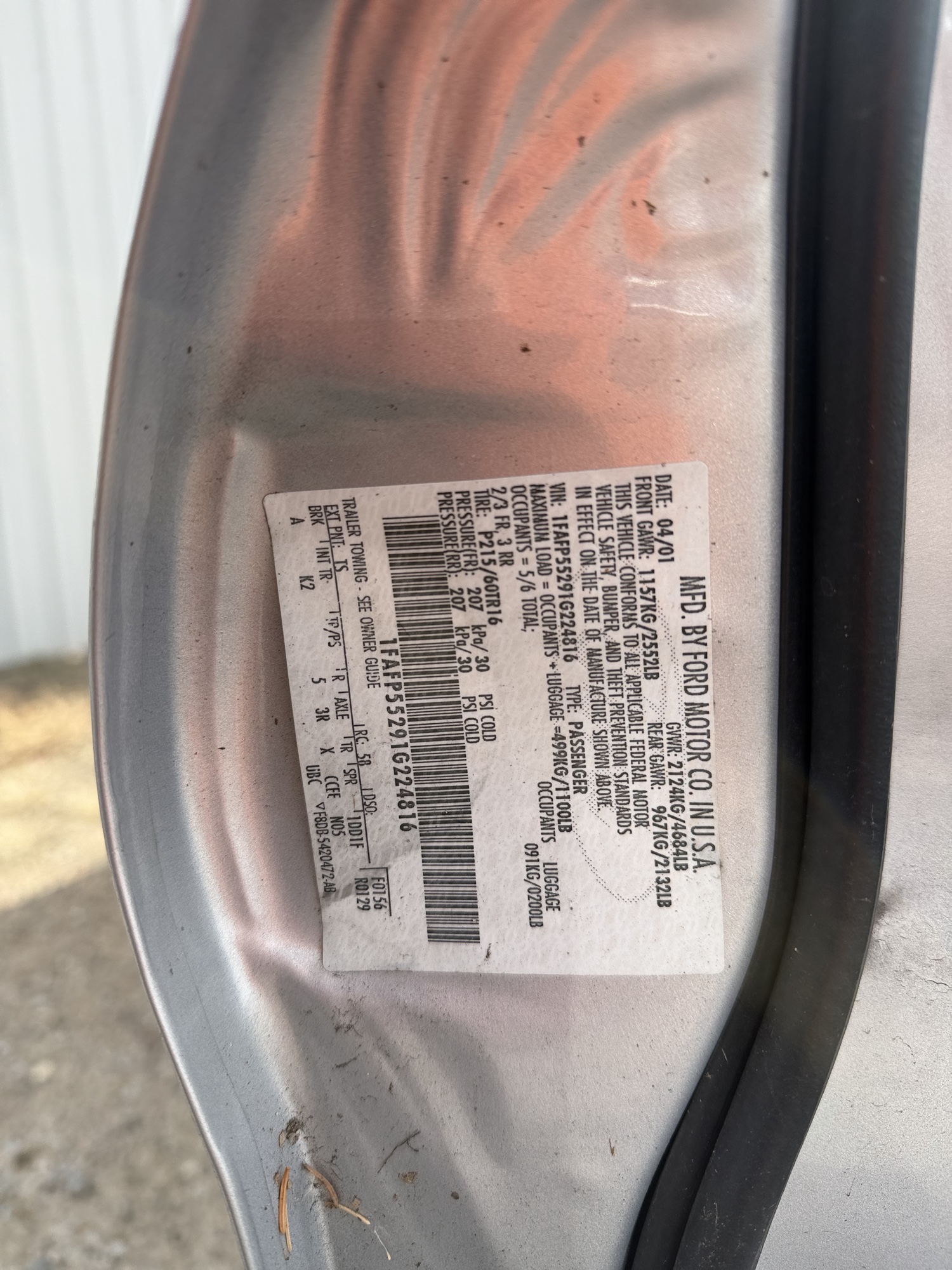 2001 ford taurus ses with 165634 miles for sale near Elk River, Minnesota 106980_47_door_vin_sticker.jpg