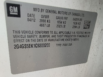 2012 buick regal premium-1 with 301345 miles for sale near elk-river, minnesota 106168_47_door_vin_sticker.jpg