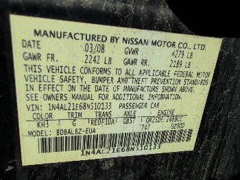 2008 nissan altima 2.5-s with 182605 miles for sale near Elk River, Minnesota 106614_47_door_vin_sticker.jpg