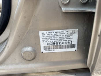 2003 honda accord ex-v6-sedan-at with 244000 miles for sale near Elk River, Minnesota 106662_47_door_vin_sticker.jpg